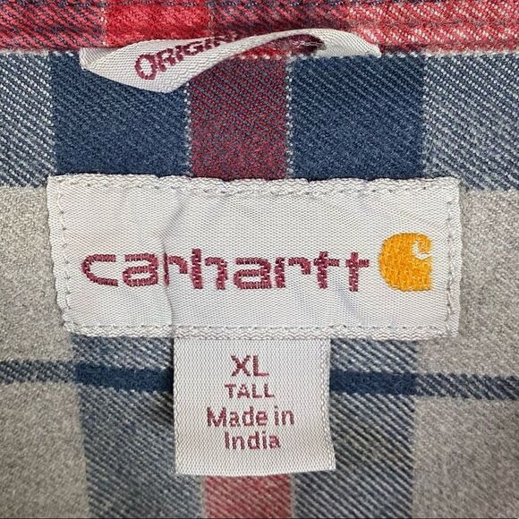 Carhartt Distressed Grey & Red Plaid Long Sleeve Button Up Shirt - Picture 3 of 4